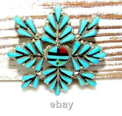 Old Pawn Zuni Turquoise Sunface Brooch Pin Pendant Vintage Vera Hallusewa Signed