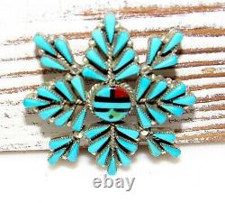 Old Pawn Zuni Turquoise Sunface Brooch Pin Pendant Vintage Vera Hallusewa Signed