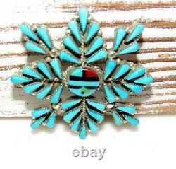 Old Pawn Zuni Turquoise Sunface Brooch Pin Pendant Vintage Vera Hallusewa Signed