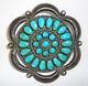 Old Pawn Zuni Or Navajo Turquoise Cluster & Silver Pin Brooch Scalloped Border