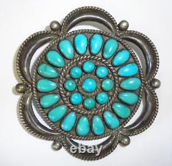 Old Pawn Zuni or Navajo Turquoise Cluster & Silver Pin Brooch Scalloped Border