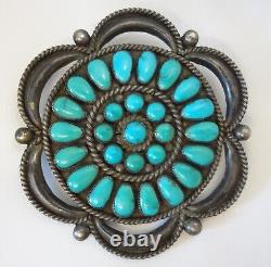 Old Pawn Zuni or Navajo Turquoise Cluster & Silver Pin Brooch Scalloped Border