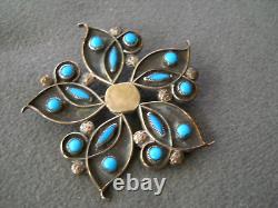 Old Southwestern Native American Rich Blue Turquoise Cluster Sterling Silver Pin