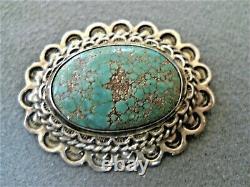 Old Southwestern Native American Spiderweb Green Turquoise Silver Pin Brooch