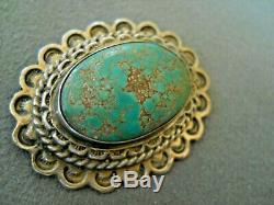 Old Southwestern Native American Spiderweb Green Turquoise Silver Pin Brooch