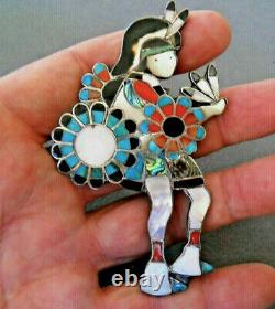 Old Southwestern Zuni Multi-Stone Kachina Dancer Sterling Silver Pin Brooch 4
