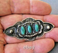 Old Vibrant Native American Green Turquoise Sterling Silver Repousse Stamped Pin