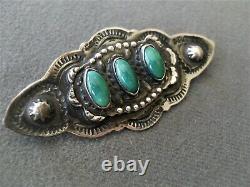 Old Vibrant Native American Green Turquoise Sterling Silver Repousse Stamped Pin