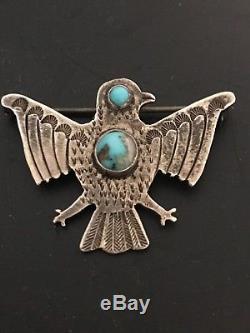 Old Vintage Navajo Pawn Sterling Torquoise Thunderbird Pin