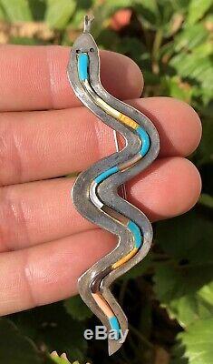 Old ZUNI Native American Sterling Silver Multi Stone Snake Pin Brooch Pendant