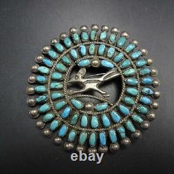 Old ZUNI Sterling Silver Roadrunner TURQUOISE MANTA PIN PENDANT Micro Serrated