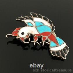 Old Zuni Handmade Sterling Silver & Mosaic Inlay Bird Brooch Pin