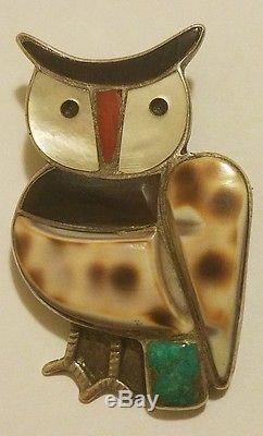 Old Zuni Horned Owl Sterling Silver Inlay Brooch Pin/Pendant