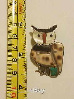 Old Zuni Horned Owl Sterling Silver Inlay Brooch Pin/Pendant