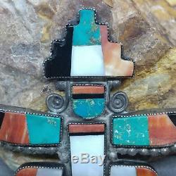 Old Zuni Multi-Stone Mosaic Knifewing Kachina Dancer Sterling Silver Pin 3 x 3