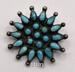 Old Zuni Native American Petit Point Turquoise Flower Silver Brooch Pin 1.25