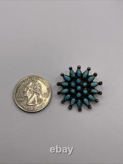 Old Zuni Native American Petit Point Turquoise Flower Silver Brooch Pin 1.25