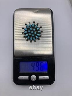 Old Zuni Native American Petit Point Turquoise Flower Silver Brooch Pin 1.25