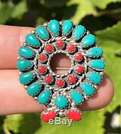 Old Zuni Petit Point Turquoise & Coral Sterling Silver Christmas Reef Pin Brooch