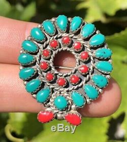 Old Zuni Petit Point Turquoise & Coral Sterling Silver Christmas Reef Pin Brooch