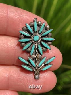 Old Zuni Sterling Silver Needle Point Turquoise Daisy Flower Brooch Pin Pendant