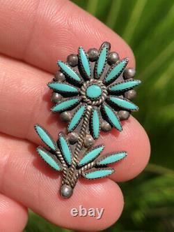 Old Zuni Sterling Silver Needle Point Turquoise Daisy Flower Brooch Pin Pendant
