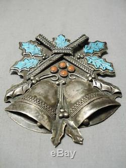 One Of Best Moving Bell Vintage Navajo Turquoise Coral Sterling Silver Pin