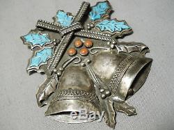 One Of Best Moving Bell Vintage Navajo Turquoise Coral Sterling Silver Pin