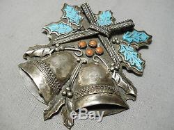 One Of Best Moving Bell Vintage Navajo Turquoise Coral Sterling Silver Pin