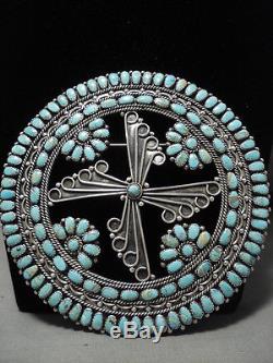 One Of The Biggest Ever Vintage Zuni Turquoise Silver Pin Pendant Old