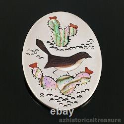 Ophie B Joe Native American Navajo Stone Inlay Cactus Wren Bird Pendant Pin