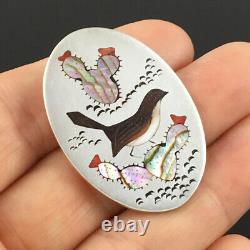 Ophie B Joe Native American Navajo Stone Inlay Cactus Wren Bird Pendant Pin