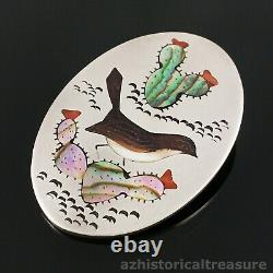 Ophie B Joe Native American Navajo Stone Inlay Cactus Wren Bird Pendant Pin