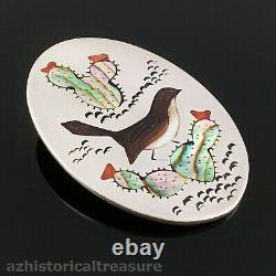 Ophie B Joe Native American Navajo Stone Inlay Cactus Wren Bird Pendant Pin