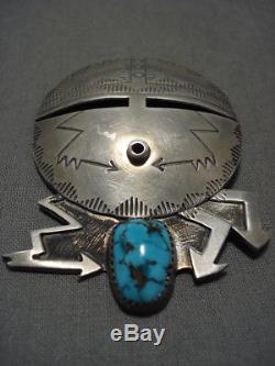 Opulent Vintage Zuni'lightning Strike' Turquoise Silver Mask Pin Old