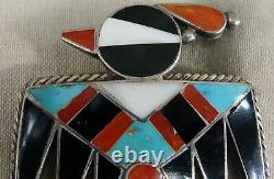 Ornate! Large Old Pawn Navajo Zuni Silver Thunderbird Turquoise Onyx Coral Pin