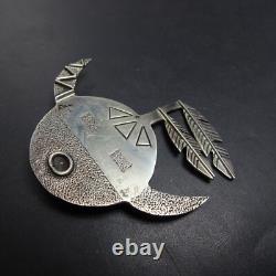 POWERFUL Signed Vintage NAVAJO Sterling Silver HORNED MOON Face PIN BROOCH