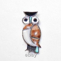 R. M. Sterling Silver NAVAJO Owl Brooch Pin ZUNI Cowrie Shell Turquoise Onyx