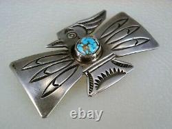 RARE OLD Wolf Robe Hunt ACOMA INDIAN STERLING SILVER & TURQUOISE THUNDERBIRD PIN