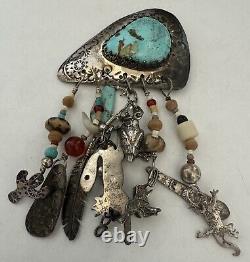 RARE Tina Badarak South Western Sterling Turquoise Dangling Charm Pin Signed