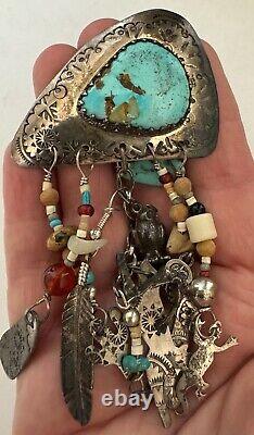 RARE Tina Badarak South Western Sterling Turquoise Dangling Charm Pin Signed