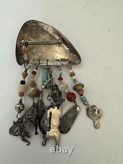 RARE Tina Badarak South Western Sterling Turquoise Dangling Charm Pin Signed