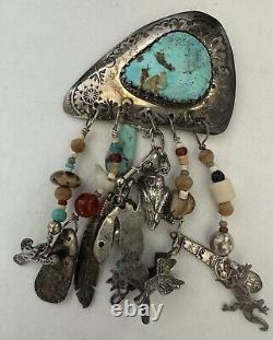 RARE Tina Badarak South Western Sterling Turquoise Dangling Charm Pin Signed