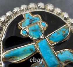RARE Vintage Zuni Sterling Silver Turquoise & Jet Knifewing Necklace Pendant Pin