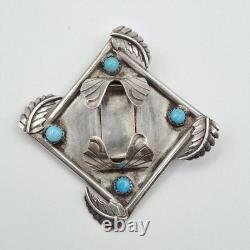 READ VTG Old Pawn 925 Sterling Silver Leaves & Turquoise Watch Pendant Brooch