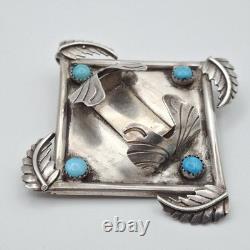 READ VTG Old Pawn 925 Sterling Silver Leaves & Turquoise Watch Pendant Brooch