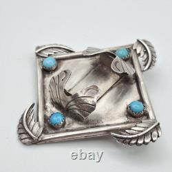 READ VTG Old Pawn 925 Sterling Silver Leaves & Turquoise Watch Pendant Brooch
