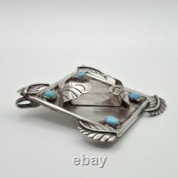 READ VTG Old Pawn 925 Sterling Silver Leaves & Turquoise Watch Pendant Brooch