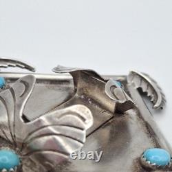 READ VTG Old Pawn 925 Sterling Silver Leaves & Turquoise Watch Pendant Brooch