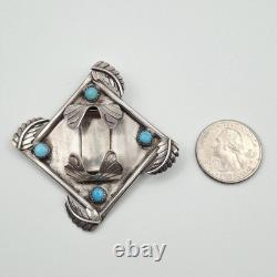 READ VTG Old Pawn 925 Sterling Silver Leaves & Turquoise Watch Pendant Brooch